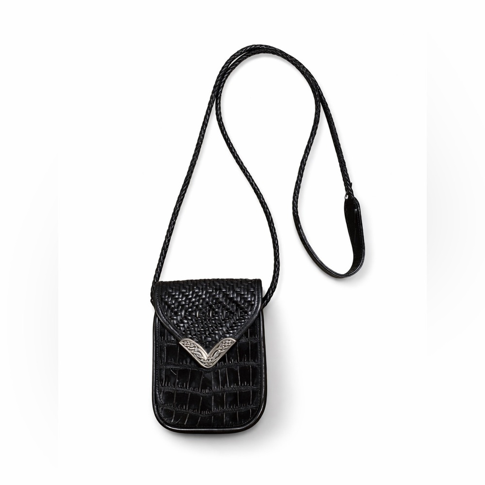 Vintage Brighton Mini Saddle Crossbody Leather Bag Croc, Woven, Braided, black‎